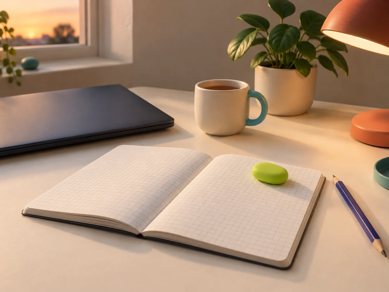 A tidy study desk with a tablet, notebook and pencil — no screens of social media, just maths